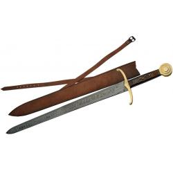 Épée DAMAS Manche en Bois Lame en acier Damas à double tranchant Etui en Cuir DM501807