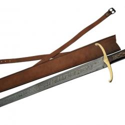 Épée DAMAS Manche en Bois Lame en acier Damas à double tranchant Etui en Cuir DM501807