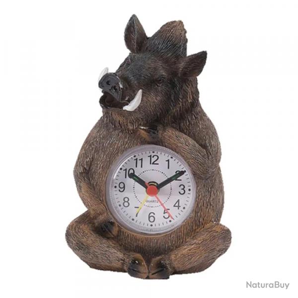 Rveil Sanglier assis avec cadran, en rsine 14cm
