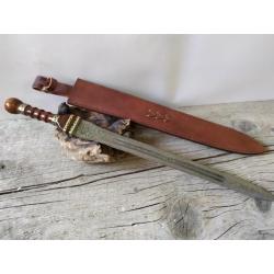 Épée de Damas Gladius Manche en bois avec Lame en acier DAMAS non affutée  Etui en Cuir DM502207N