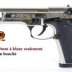 Pistolet BERETTA  Nickelé Chrome à blanc uniquement Mod 92  Cal. 9mm PAK