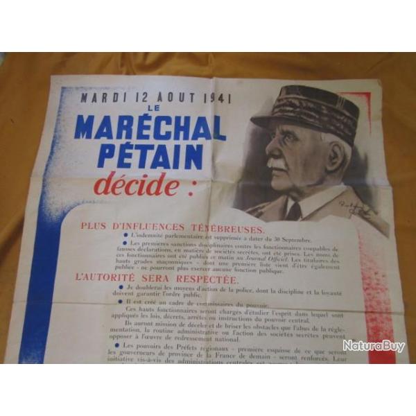 affiche  1941 seconde guerre ww2 le Marchal Ptain  dcide Etat Franais collaboration Vichy