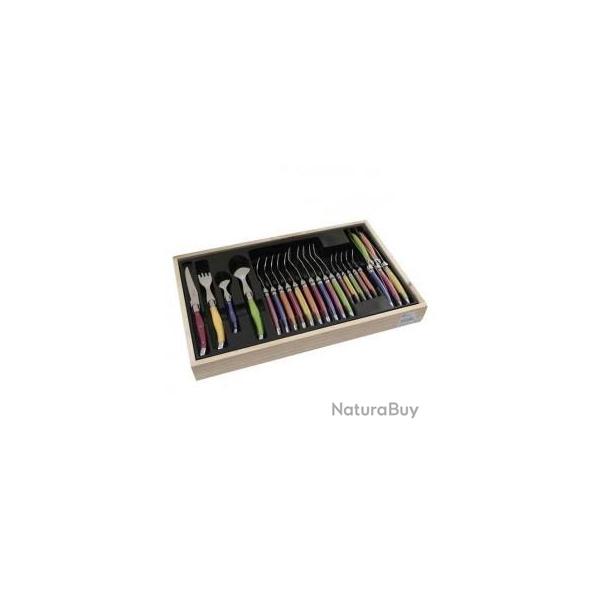 ENSEMBLE MENAGERE LAGUIOLE 24 PIECES MANCHE COULEURS PASTEL 1