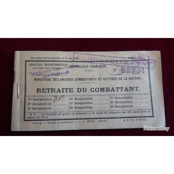 CARNET PAIEMENT RETRAITE DU COMBATTANT 1955