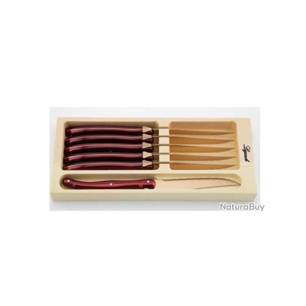 COFFRET DE 6 COUTEAUX STEAK LAGUIOLE MANCHES ROUGE, LAME ROSE DOREE COFFRET EN BOIS