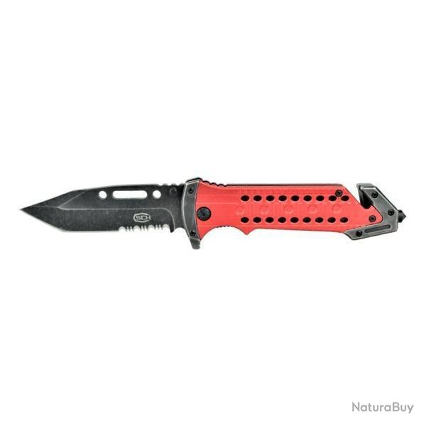 Couteau pliant rouge avec lame crante de 9 cm, coupe ceinture et brise-vitre