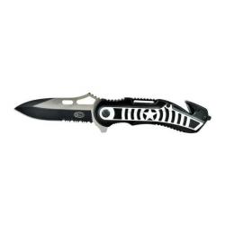 Couteau pliant noir et blanc avec lame 8 cm, coupe ceinture et brise-vitre