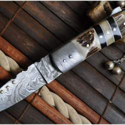 LAME DAMAS - Couteau de poche pliant en acier Damas avec cran de sûreté