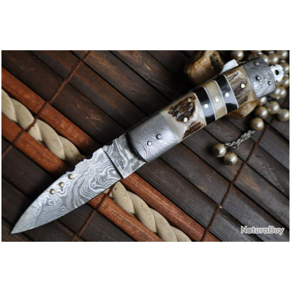LAME DAMAS - Couteau de poche pliant en acier Damas avec cran de sret
