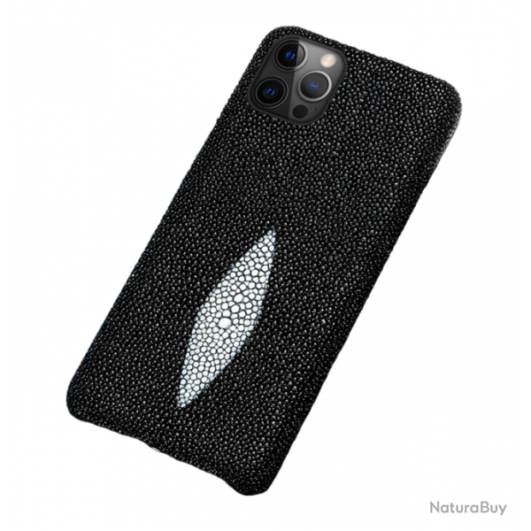 Coque Luxe iPhone Cuir Raie Stingray Galuchat, Couleur: Noir, Smartphone: iPhone 12