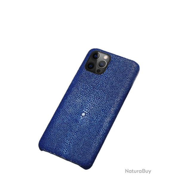 Coque Luxe iPhone Cuir Raie Stingray Galuchat, Couleur: Bleu, Smartphone: iPhone 12