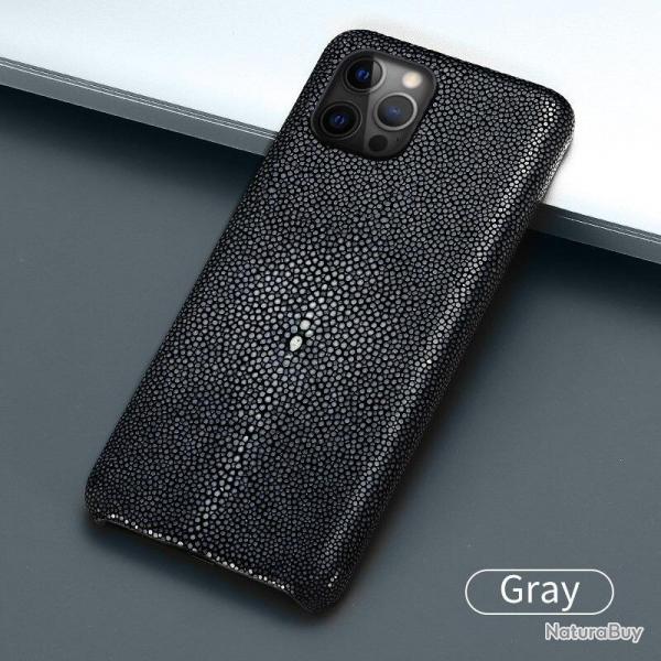 Coque Luxe iPhone Cuir Raie Stingray Galuchat, Couleur: Gris, Smartphone: iPhone 12 Mini