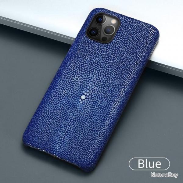 Coque Luxe iPhone Cuir Raie Stingray Galuchat, Couleur: Bleu, Smartphone: iPhone 12 Pro