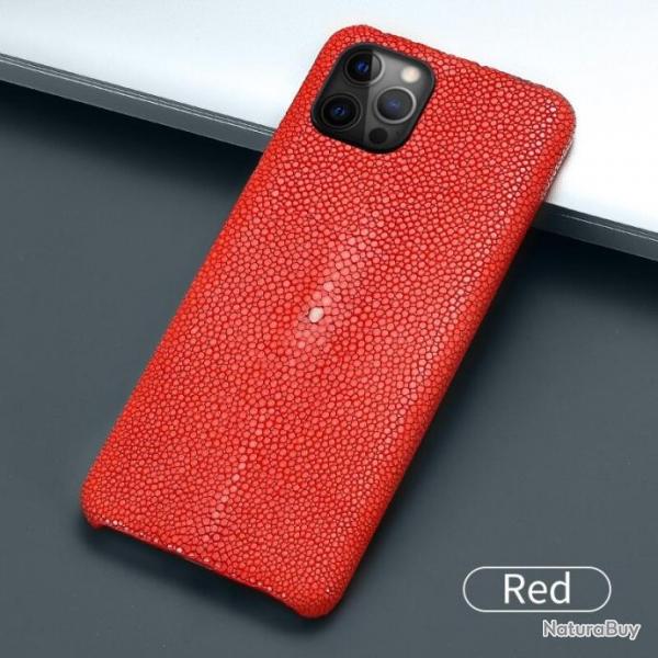 Coque Luxe iPhone Cuir Raie Stingray Galuchat, Couleur: Rouge, Smartphone: iPhone 12 Pro