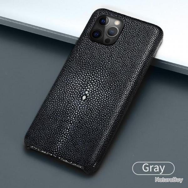Coque Luxe iPhone Cuir Raie Stingray Galuchat, Couleur: Gris, Smartphone: iPhone 11 Pro