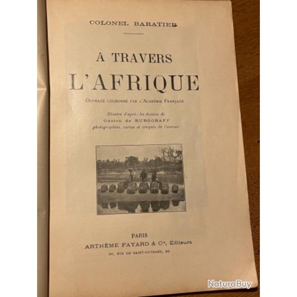 Livre ancienA travers l'AfriquePar le COLONEL BARATIERRcit des environs de 1880  1900