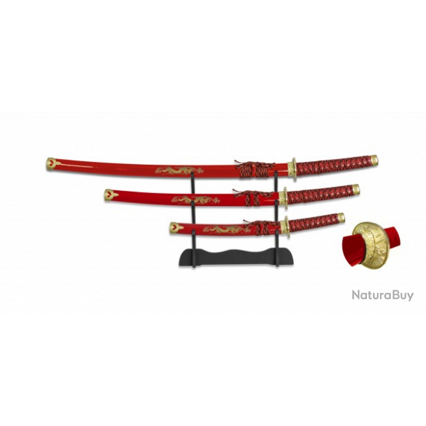 Set 3 Katanas Tole10 Socles Lame 70 cm et 49 cm et 29 cm 31515-RO07