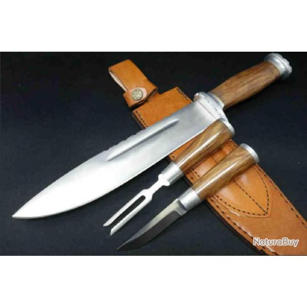 Couteau Bowie Combo : 1 Bowie + 1 Couteau + 1 Fourchette Acier Inox Manche Bois Etui Cuir PA203415 -