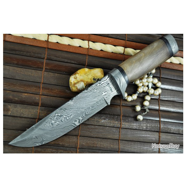 Couteau de chasse Damas et bois de Frne (3)