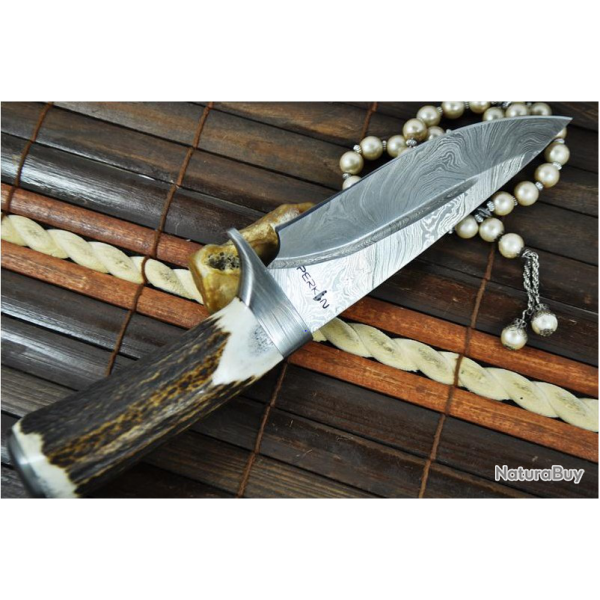 Couteau de chasse Damas et bois de cerf (3)