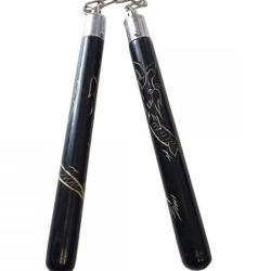 Nunchaku  en bois massif / noir decor  dragon pyrogravé      (roulement à billes )