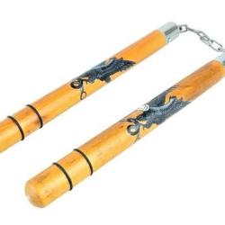 Nunchaku  en bois massif  teinté /  décor aigle et serpent     (roulement à billes )