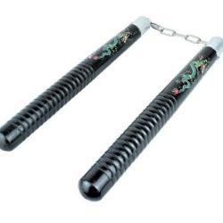 Nunchaku  en bois massif  noir /  décor Dragon vert    (roulement à billes )
