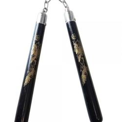 Nunchaku  en bois massif  noir motif japonais    (roulement à billes )