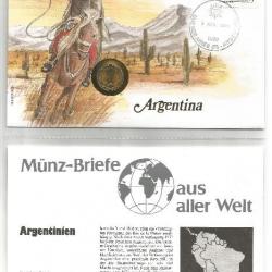 Enveloppe commémorative Argentine du 3 avril 1998 & pièce 1 Centavo + fiche pays
