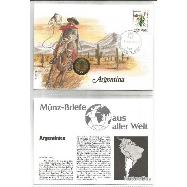 Enveloppe commmorative Argentine du 3 avril 1998 & pice 1 Centavo + fiche pays