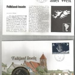 Enveloppe commémorative des Îles Malouines du 9 août 2000 & pièce 50 Pences de 1993 + fiche pays