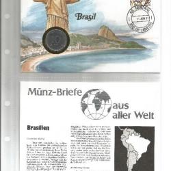 Enveloppe commémorative brésilienne du 11 juin 1991 & pièce 10 Cruzados de 1988 + fiche pays