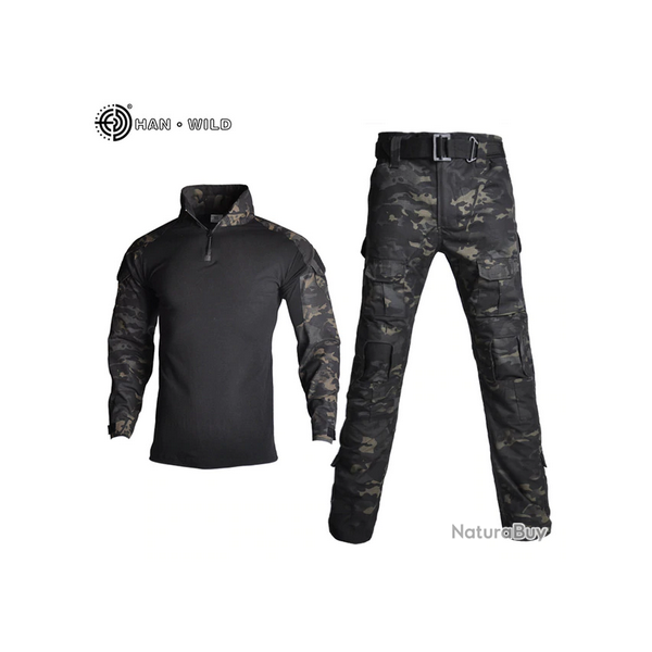 Ensemble pantalon et tee-shirt manche longue militaire Couleur black camo 11 tailles disponibles !