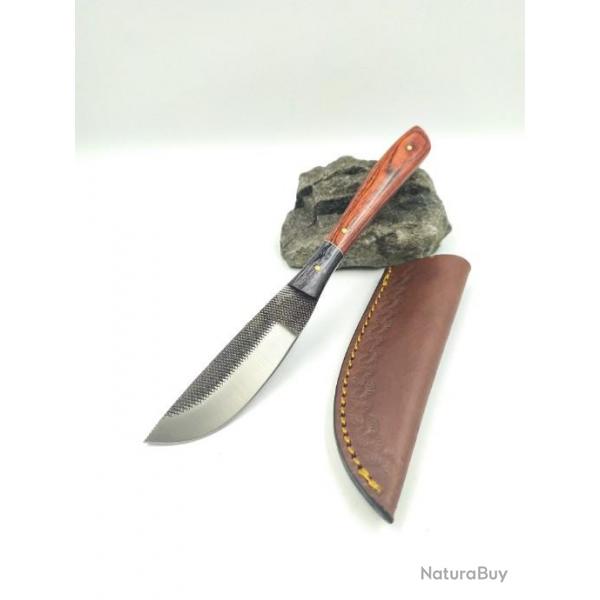 Couteau de Survie Skinner Fabrication  Avec Lime Manche Bois Etui Cuir SM002007N