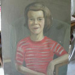 vintage peinture à l'huile effrayante, petite fille signee P Legros1955