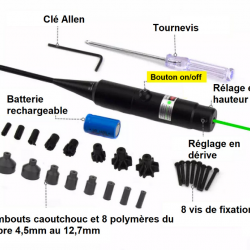 Collimateur de réglage Laser Vert réglable avec 16 adaptateurs pour calibre 4,5 à 12,7mm (177 au 50)