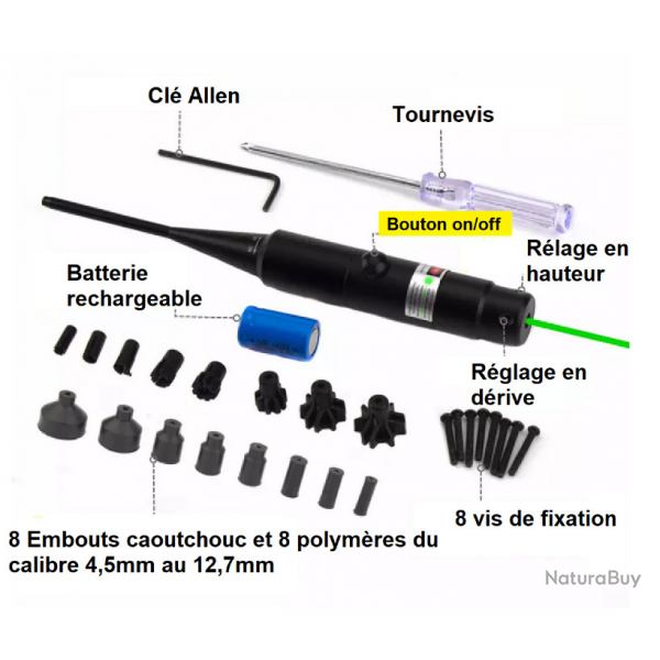 Collimateur de rglage Laser Vert rglable avec 16 adaptateurs pour calibre 4,5  12,7mm (177 au 50)