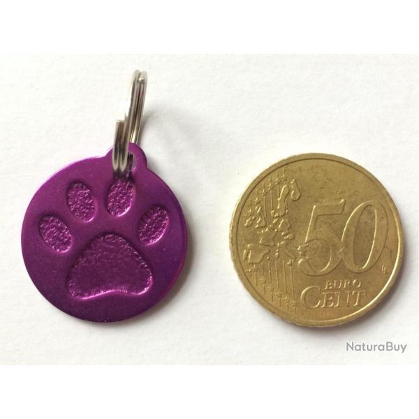 MEDAILLE Grave chien moyen violette 25 mm "patte" en relief alu personnalisation offerte