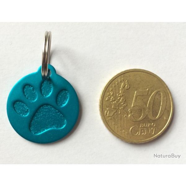 MEDAILLE Grave chien moyen bleu clair 25 mm "patte" en relief alu personnalisation offerte