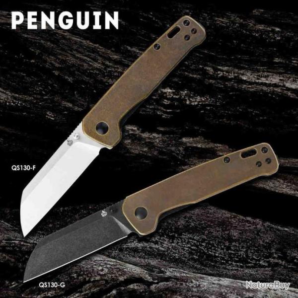 Couteau QSP Knife Penguin Brass Lame Acier D2 Black Manche Laiton Linerlock Clip QS130G