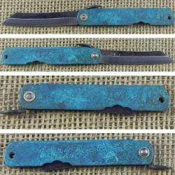 HIGO153 Couteau Higonokami Koriwa Turquoise Blue Paper Manche Laiton Turquoise Made In Japan