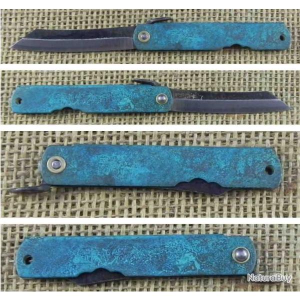 HIGO153 Couteau Higonokami Koriwa Turquoise Blue Paper Manche Laiton Turquoise Made In Japan