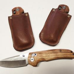 Couteau pliant, lame inox 7,5cm, manche bois vendu avec pochette cuir artisanale