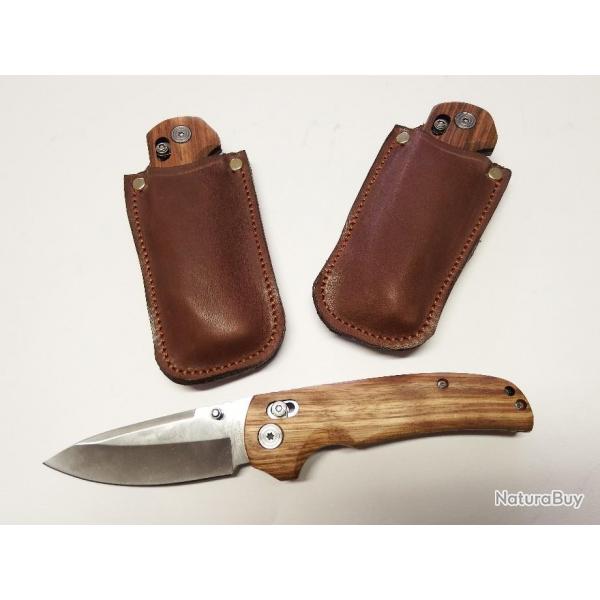 Couteau pliant, lame inox 7,5cm, manche bois vendu avec pochette cuir artisanale