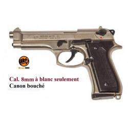 Pistolet BERETTA  Nickelé Chrome à blanc  Mod 92  Cal. 8mm