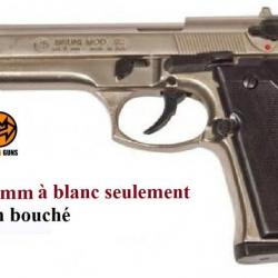 Pistolet BERETTA  Nickelé Chrome à blanc  Mod 92  Cal. 8mm