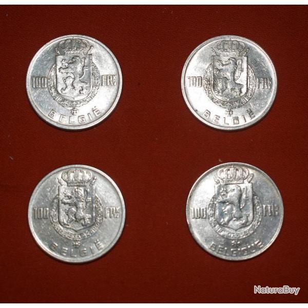 Lot de 4 pices en Argent de 100 F Belge