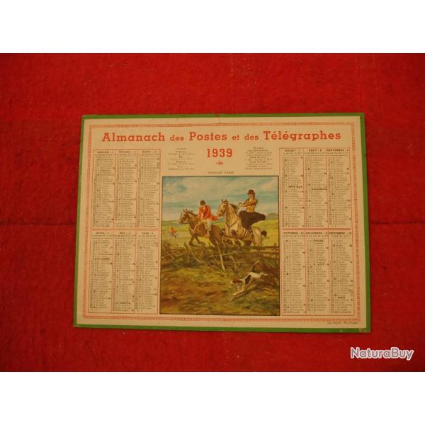 Calendrier CHASSE  courre 1939, Almanach des Postes et des tlgraphes