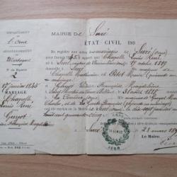 Certificat de mariage délivré en 1899