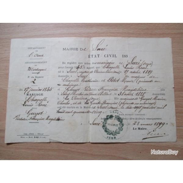 Certificat de mariage dlivr en 1899